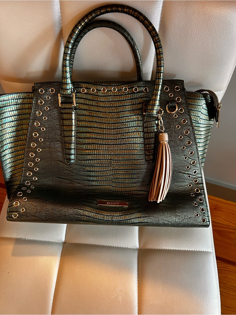 Brahmin Iridescent Green Croc-Embossed Tote with Eyelet Trim - Picture 3 of 3